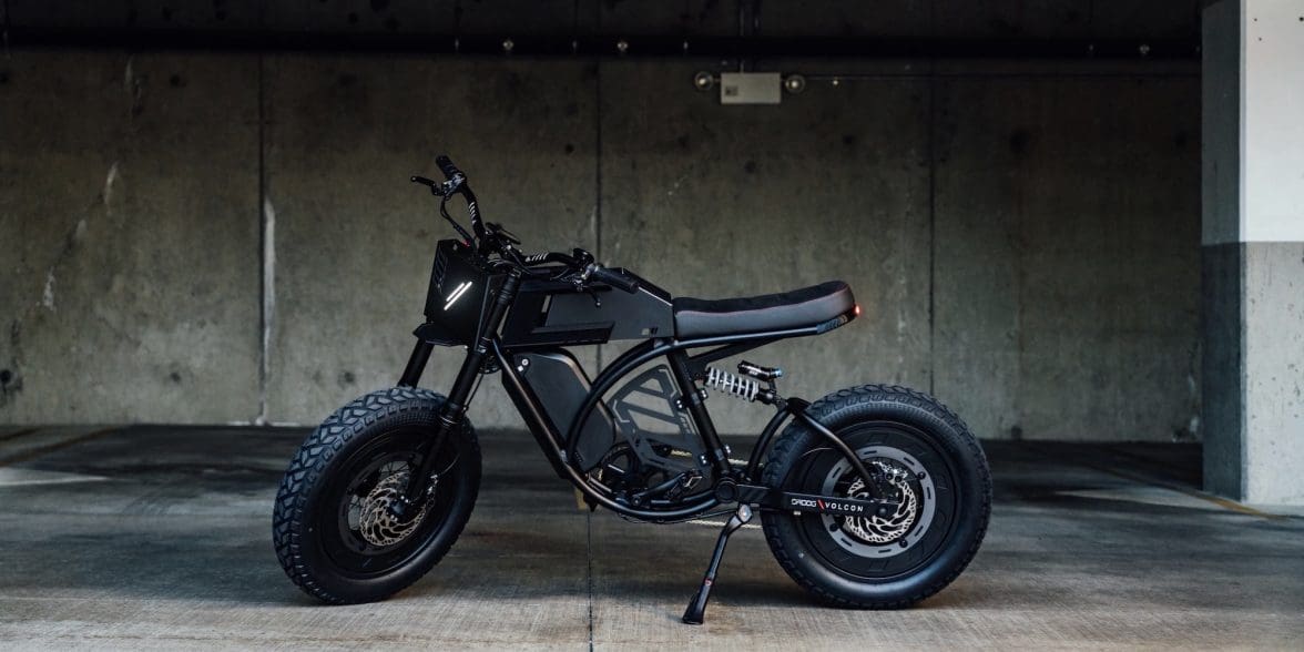 A view of the all-new electric bike project Volcon and Droog Moto are calling the "Droog Volcano Brat." Media sourced from Droog Moto.