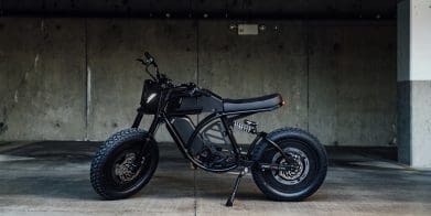 A view of the all-new electric bike project Volcon and Droog Moto are calling the "Droog Volcano Brat." Media sourced from Droog Moto.