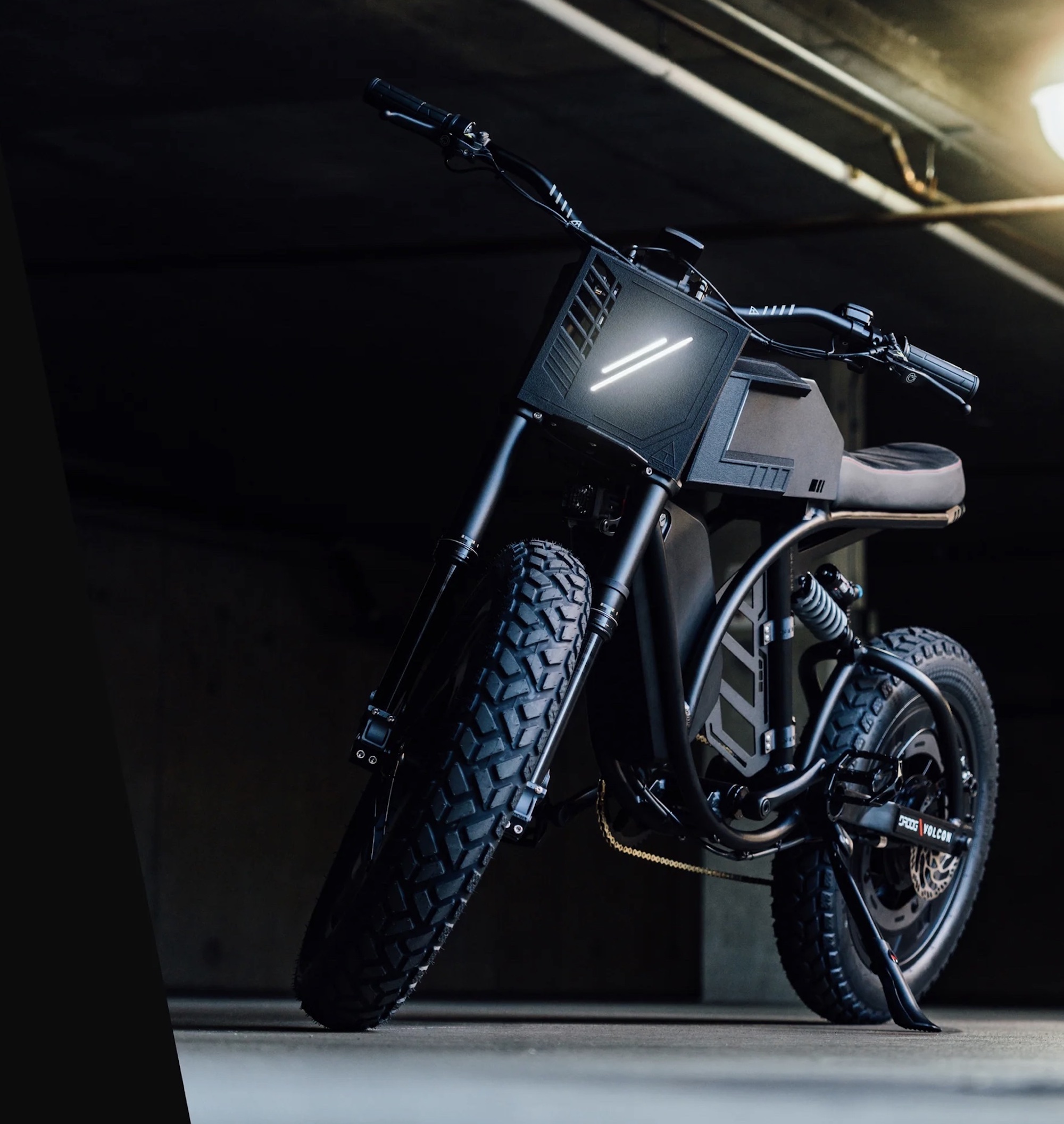 A view of the all-new electric bike project Volcon and Droog Moto are calling the Droog Volcano Brat. Media sourced from Droog Moto.