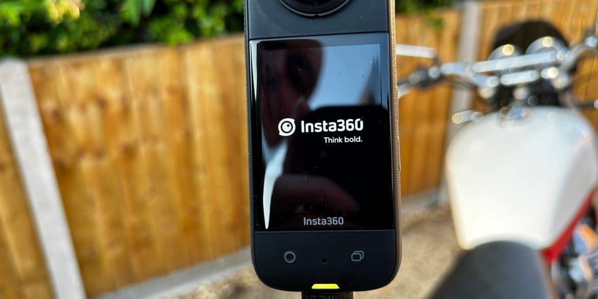 The Insta360 X3 mounted on motorcycle with the motorbike mount and invisible selfie stick