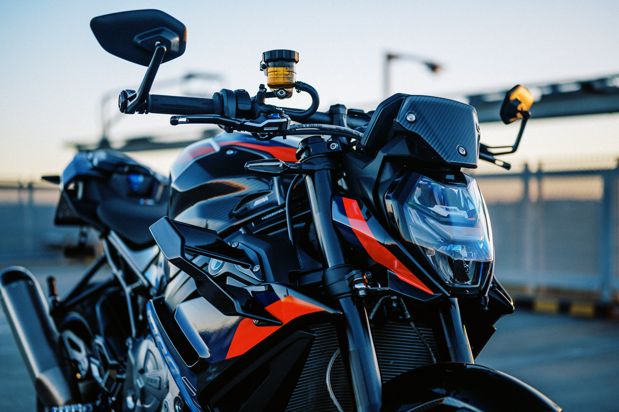 A detail shot of the 2023 BMW M 1000 R motorcycle