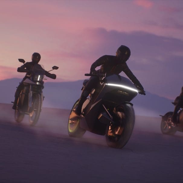 A view of Ola Electric's zero-emission motorcycles, debuted at MotoGP Bharat. From left to right: "Cruiser," "Adventure," "Diamondhead," and "Roadster." Media sourced from Ola Electric.