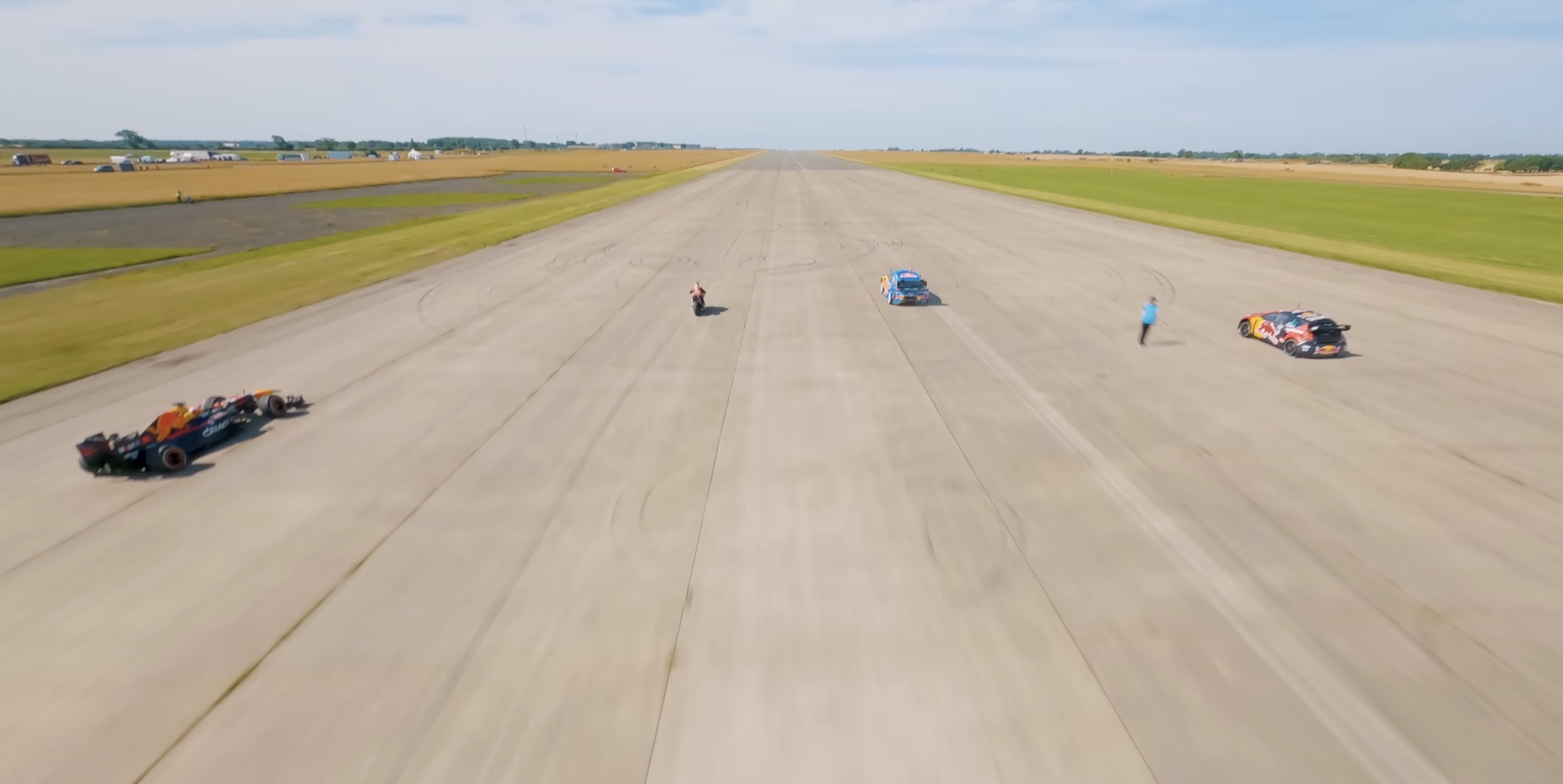 A MotoGP bike, a Formula One racer, two Rally cars and a 2,040hp SuperVan try drag racing. Media sourced from Red Bull on Youtube.