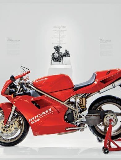 A view of the iconic 916 flagship bike that Massimo Tamburini designed thirty years ago. Media sourced from Ducati.