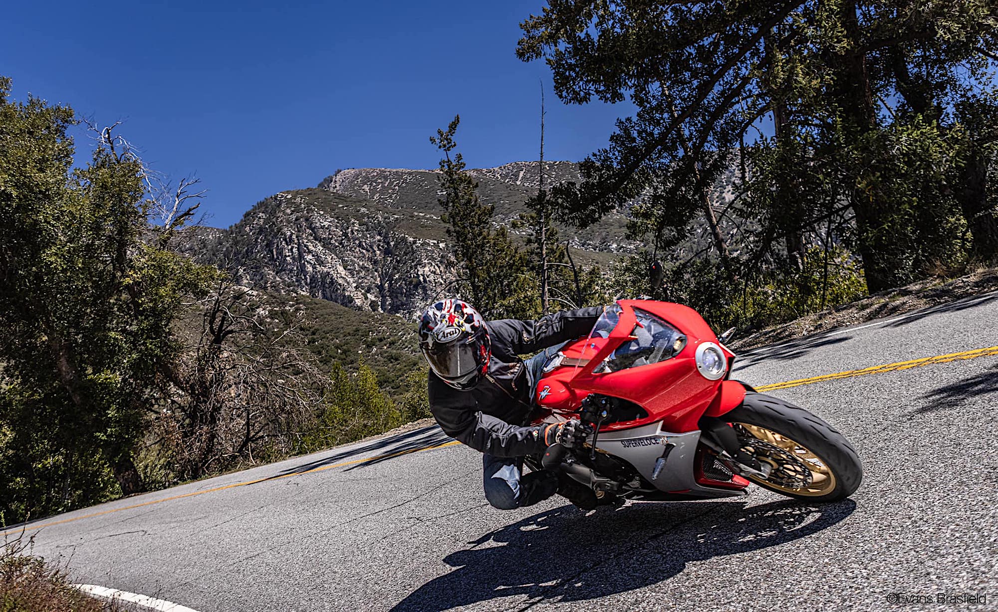 Evans Brasfield trying out an MV Agusta Superveloce. Media sourced from Bradfield's Facebook platform. Photo credits to Evans Brasfield.