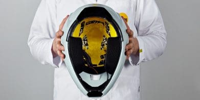 motorcycle helmet showing results from the Mips Virtual Lab (MVL). Media sourced from MCN.
