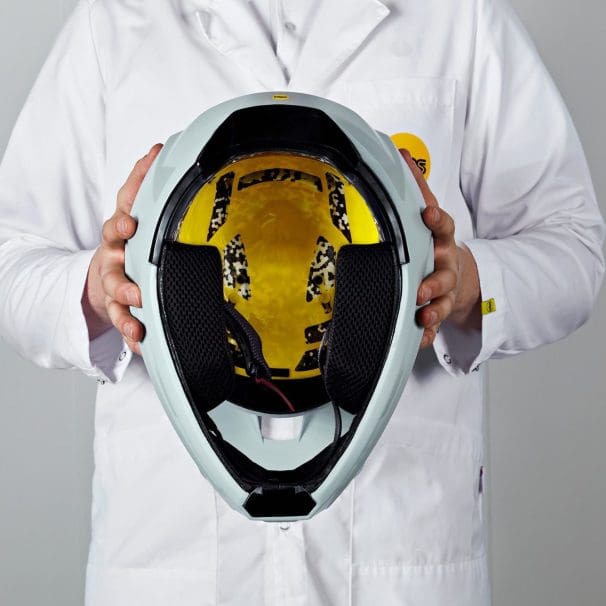 motorcycle helmet showing results from the Mips Virtual Lab (MVL). Media sourced from MCN.