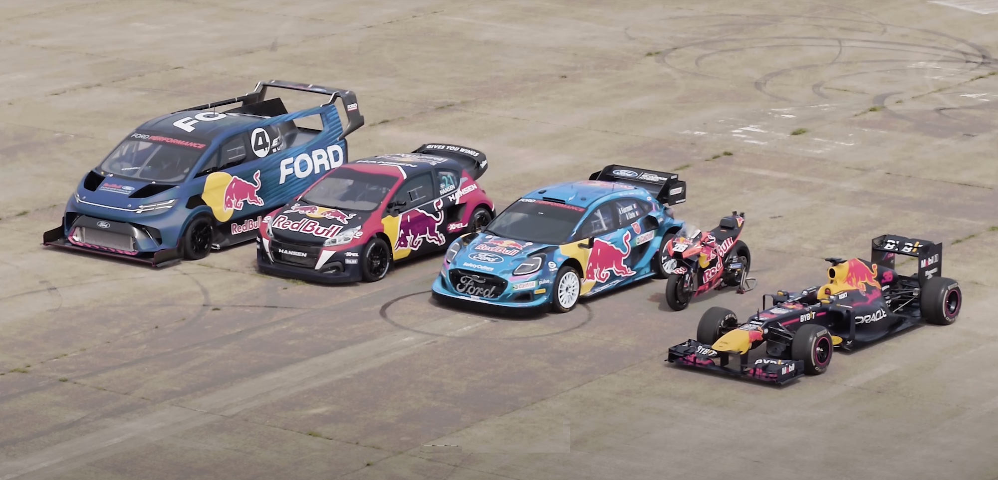 A MotoGP bike, a Formula One racer, two Rally cars and a 2,040hp SuperVan try drag racing. Media sourced from Red Bull on Youtube.