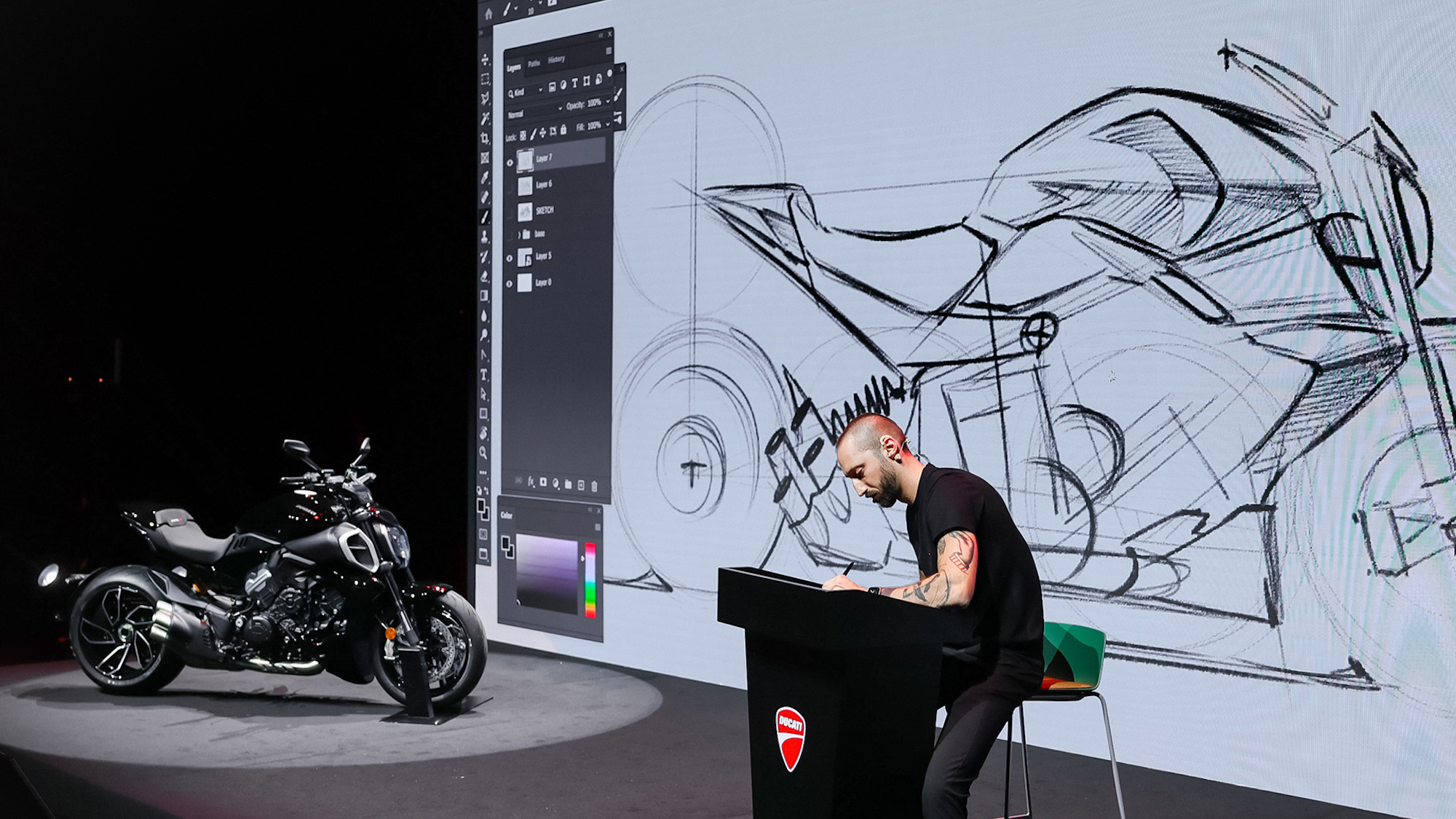 Ducati's Diavole V4 gets spotlight time in the brand's Design Nights World Tour. Media provided by Ducati.