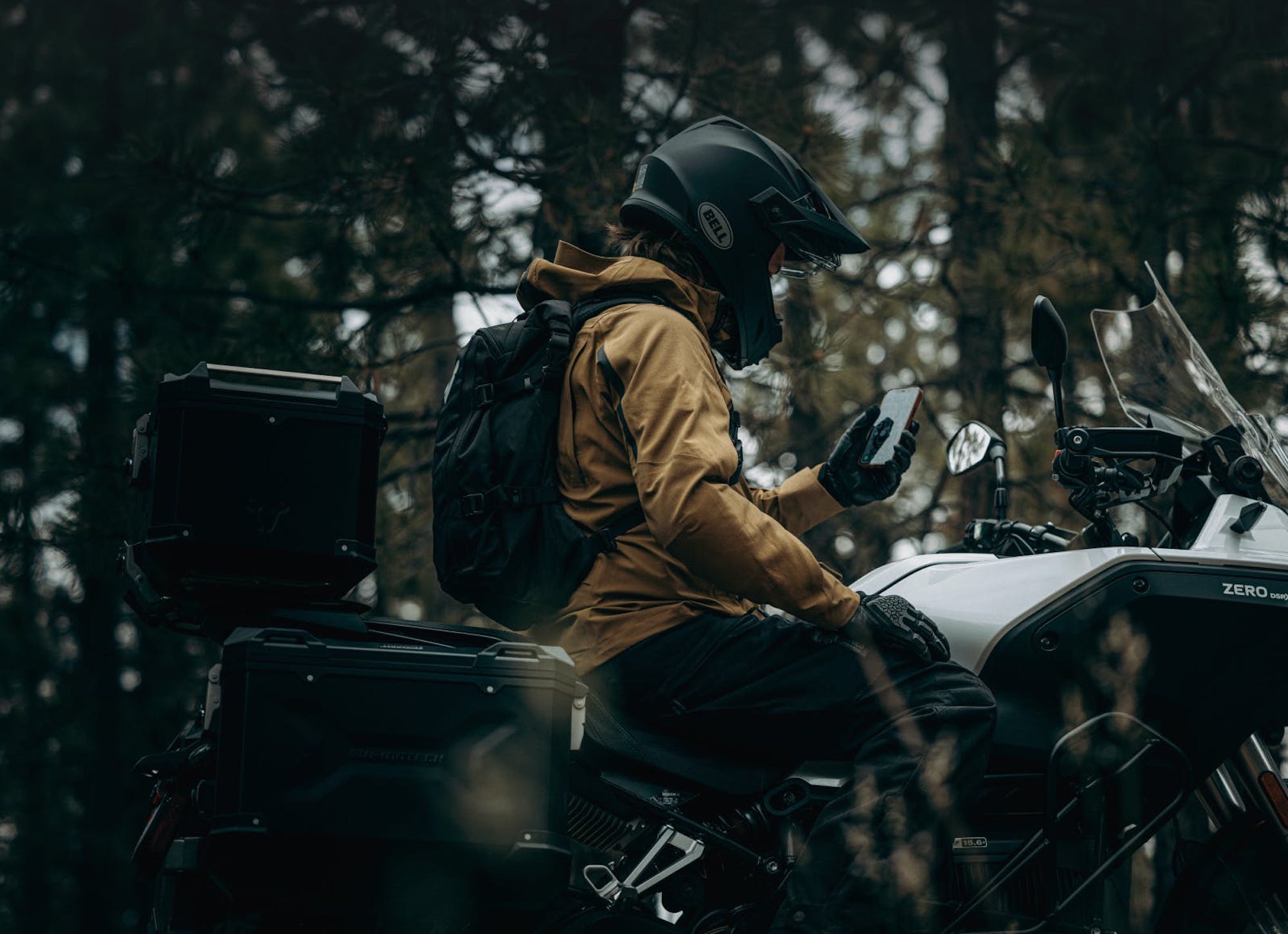 A view of an electric Zero motorcycle and rider. Media sourced from Zero Motorcycles.