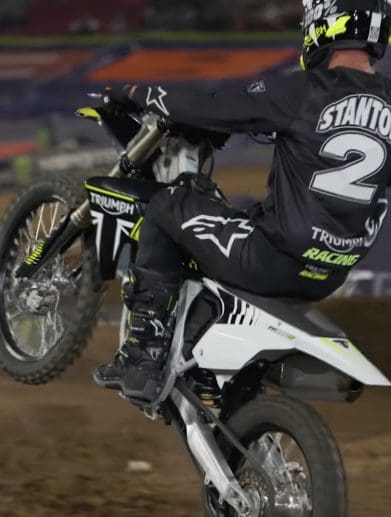 A view of Triumph's new MX 250, ridden out to the finale night of the 2023 SuperMotocross World Championship. Media sourced from Triumph's Youtube Video.