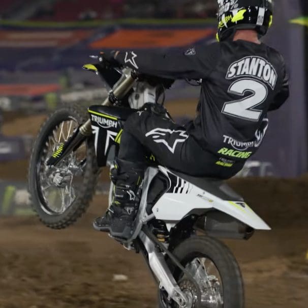 A view of Triumph's new MX 250, ridden out to the finale night of the 2023 SuperMotocross World Championship. Media sourced from Triumph's Youtube Video.