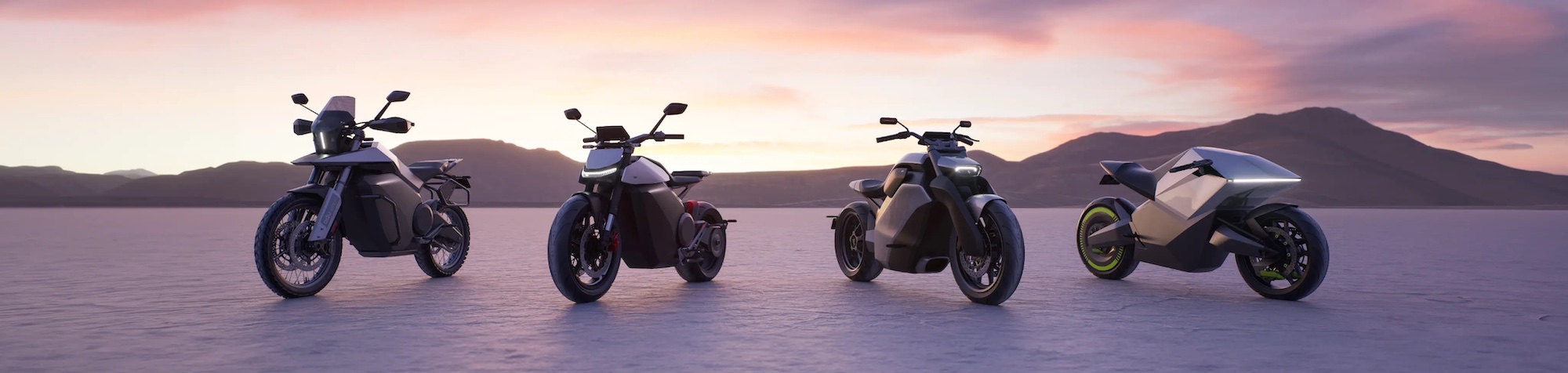 A view of Ola Electric's zero-emission motorcycles, debuted at MotoGP Bharat. From left to right: "Adventure," "roadster," "Cruiser," and "Diamondhead." Media sourced from Ola Electric.
