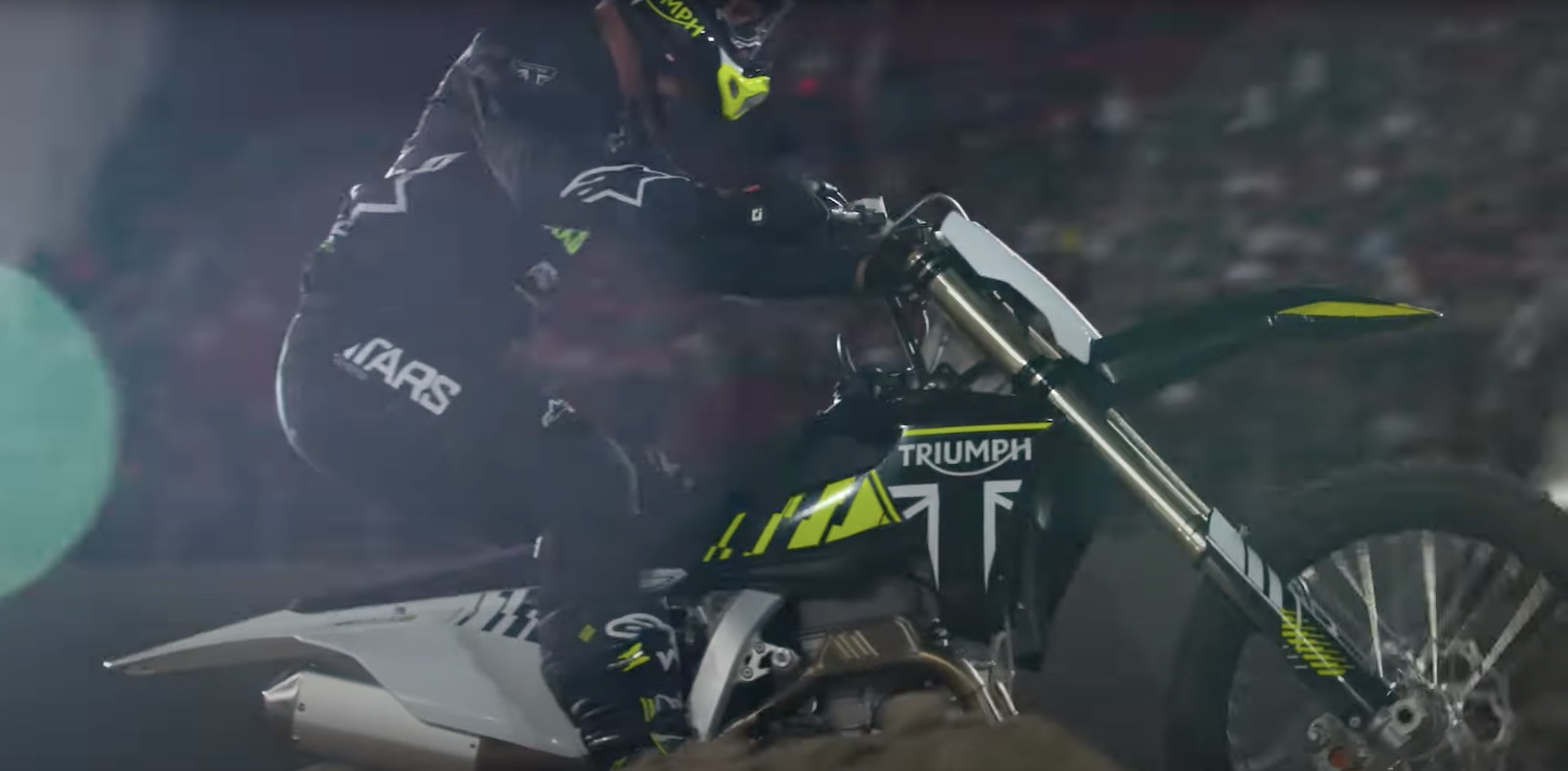 A view of Triumph's new MX 250, ridden out to the finale night of the 2023 SuperMotocross World Championship. Media sourced from Triumph's Youtube Video.