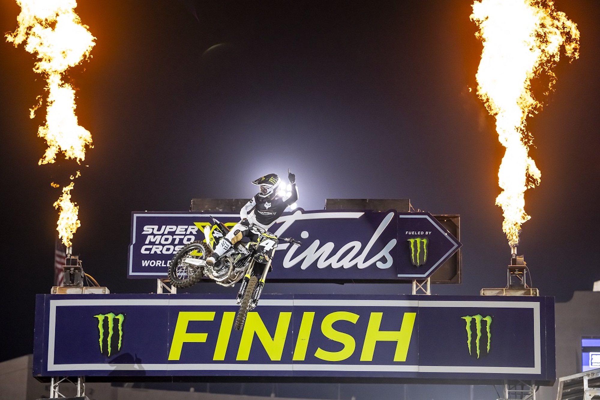 A view of Triumph's new MX 250, ridden out to the finale night of the 2023 SuperMotocross World Championship. Media sourced from Motorcycle Sports.