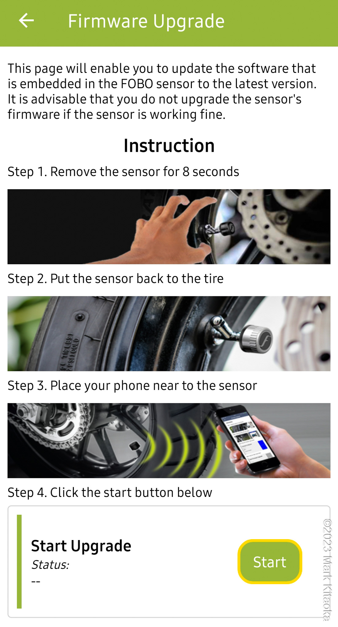 Screenshot of the app showing how to do a sensor update