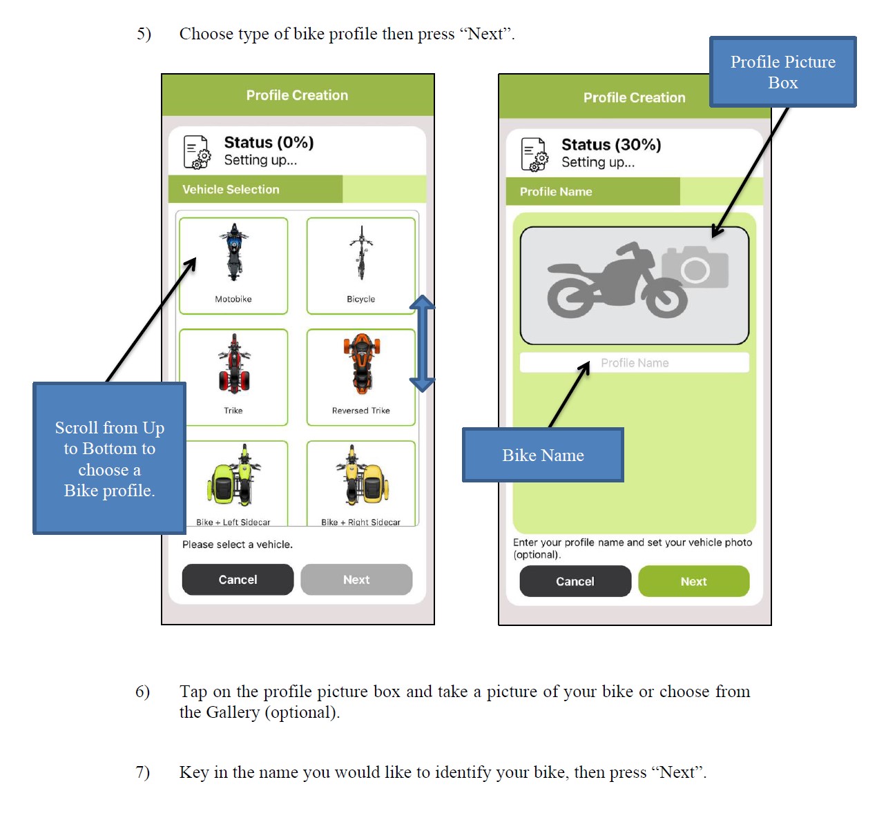 Profile creation on the FOBO Bike 2 TPMS app