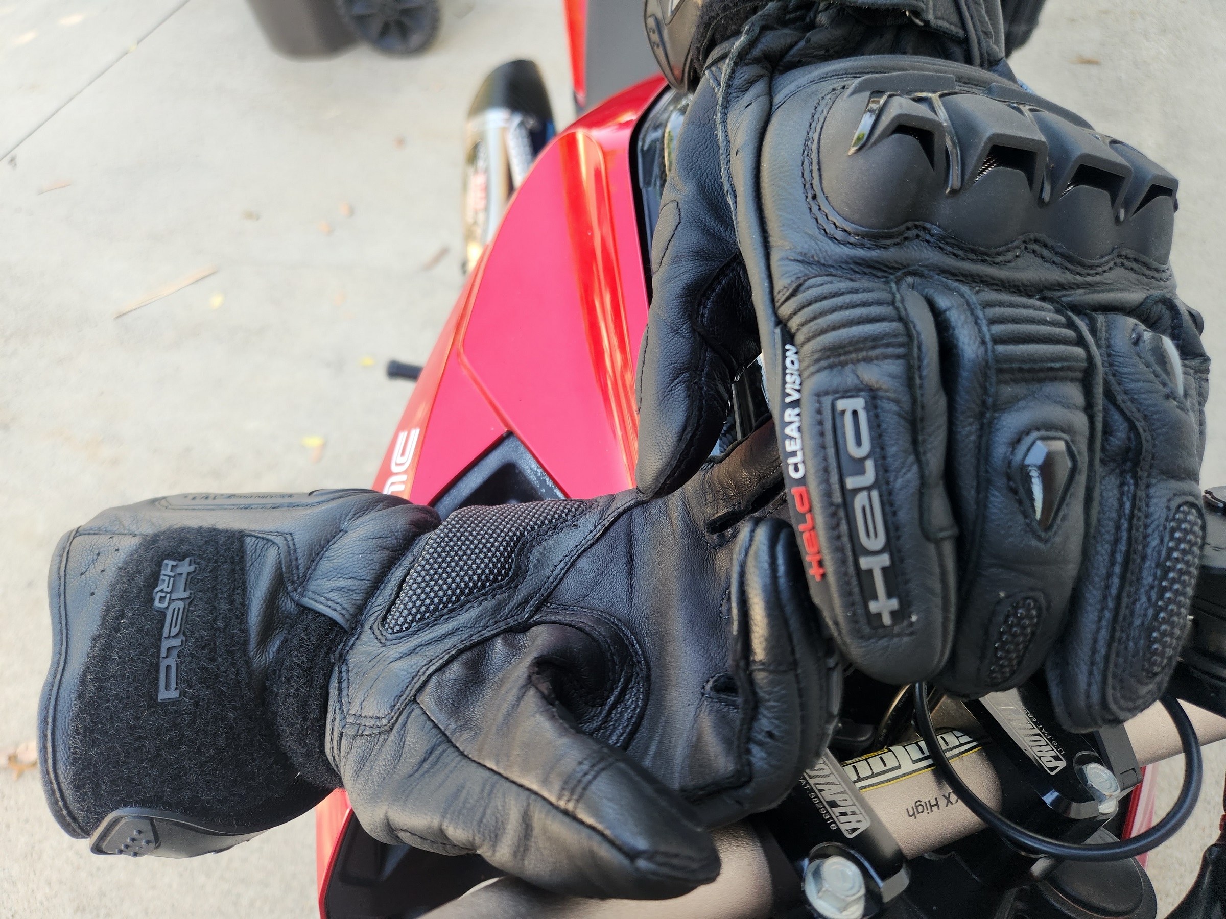 held chikara RR gloves on ducati motorcycle handlebars