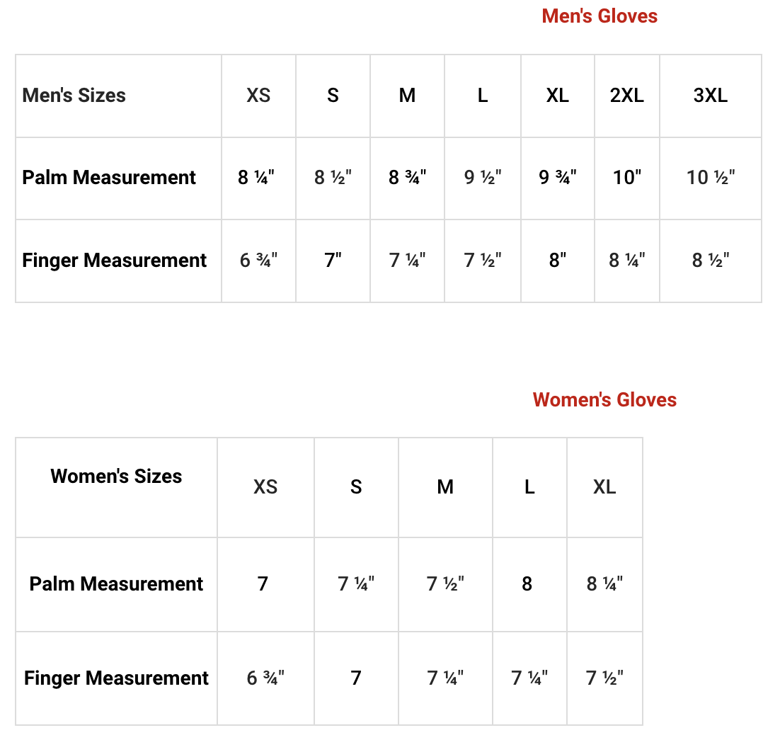 Sizing chart for Racer USA Verano Gloves