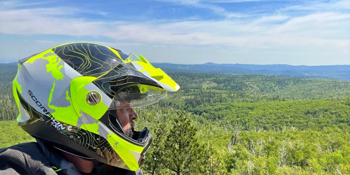 Me wearing the Scorpion EXO-AT960 Topographic helmet in Wyoming.