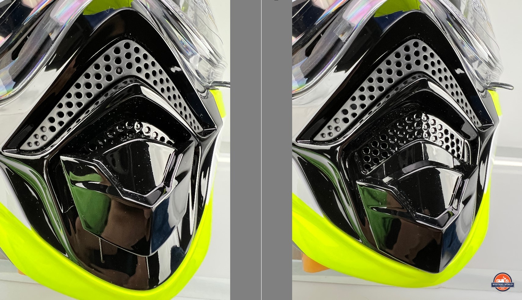 The AT960 chin bar vent closed (left) and open (right)