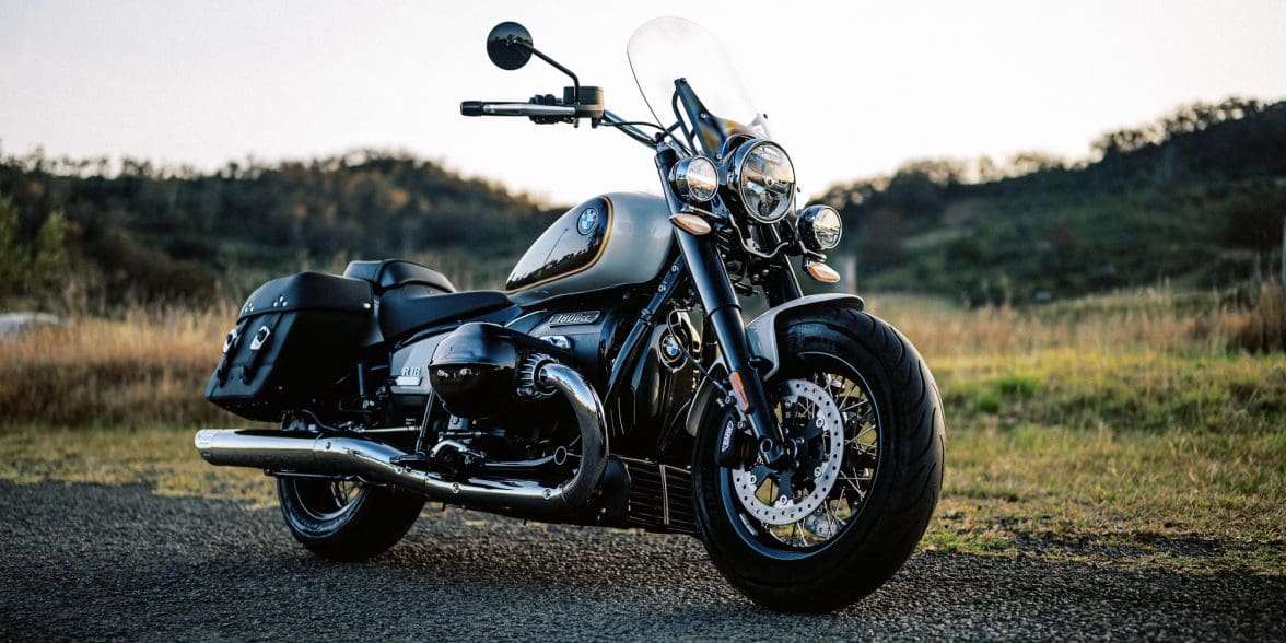 A 2023 BMW R 18 Cruiser Motorcycle at dusk in Sydney