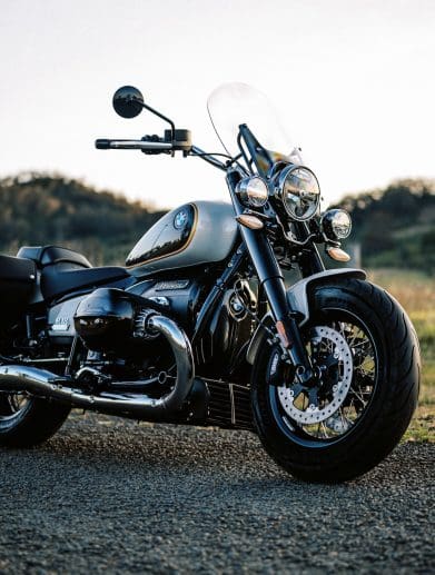 A 2023 BMW R 18 Cruiser Motorcycle at dusk in Sydney