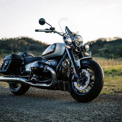 A 2023 BMW R 18 Cruiser Motorcycle at dusk in Sydney