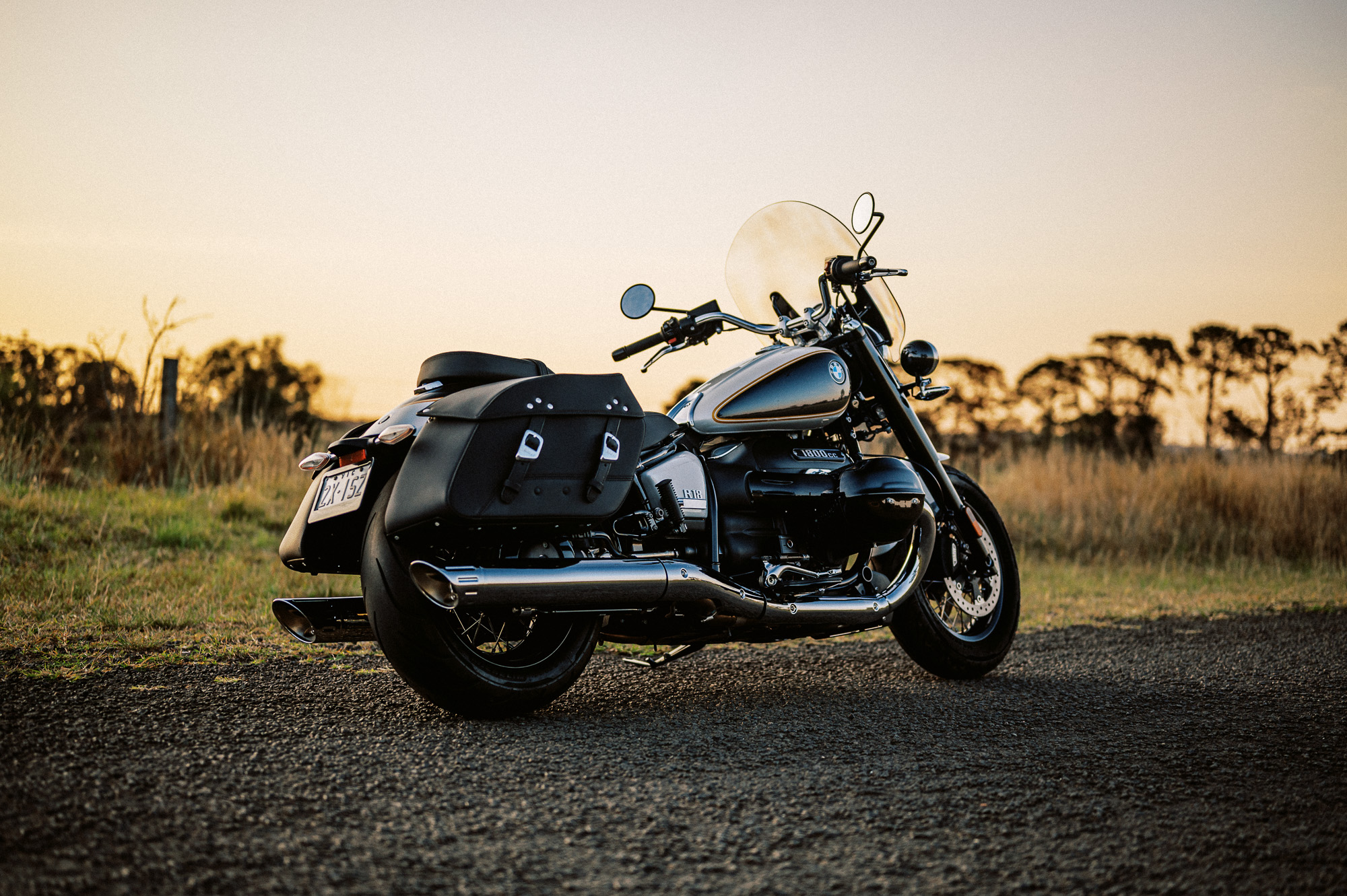 A BMW R 18 cruiser motorcycle at sunset in Sydney