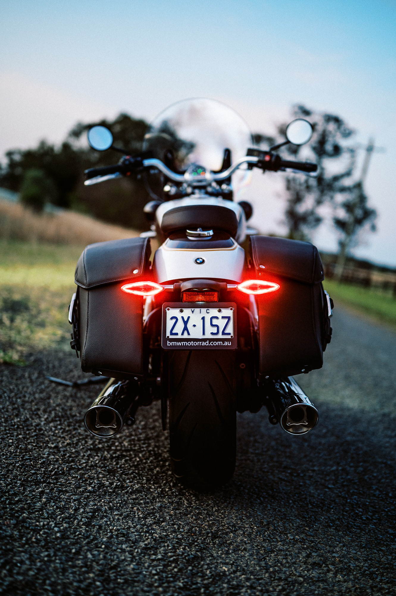 A BMW R 18 cruiser motorcycle at sunset in Sydney