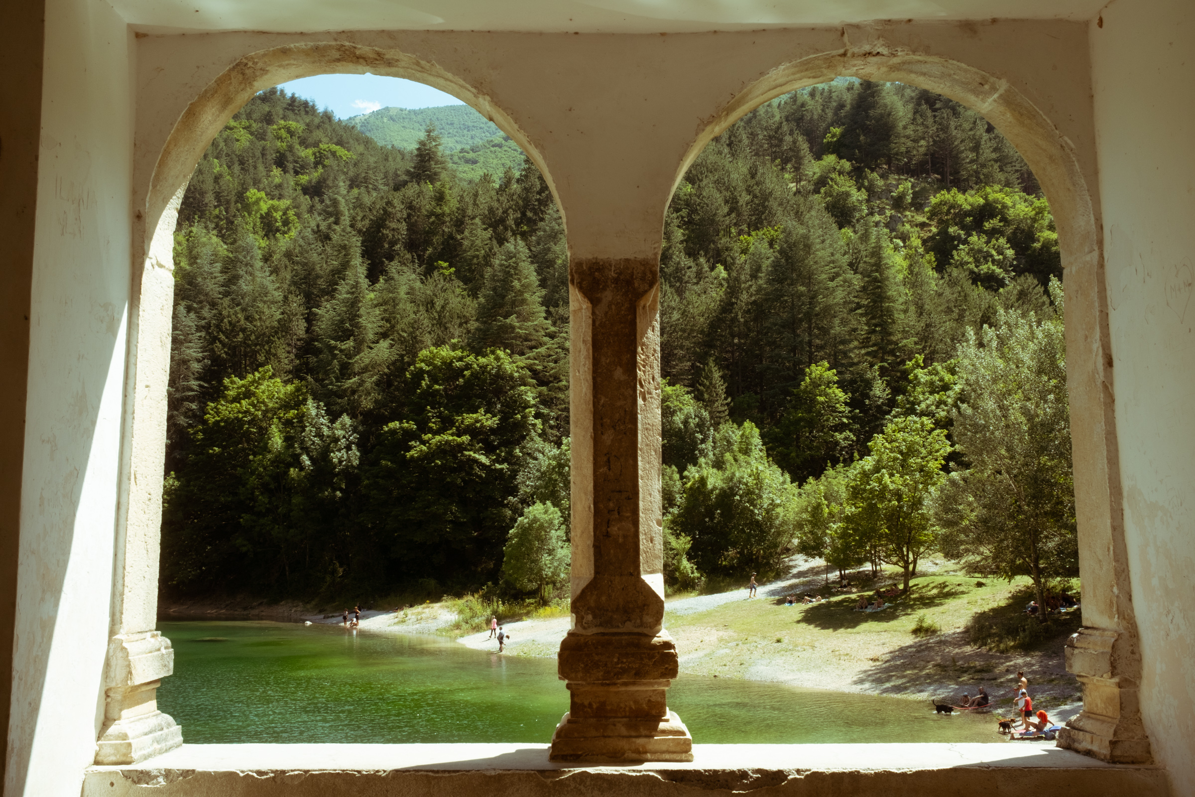 View of the San Domenico Lake from a church window in Abruzzo, Italy