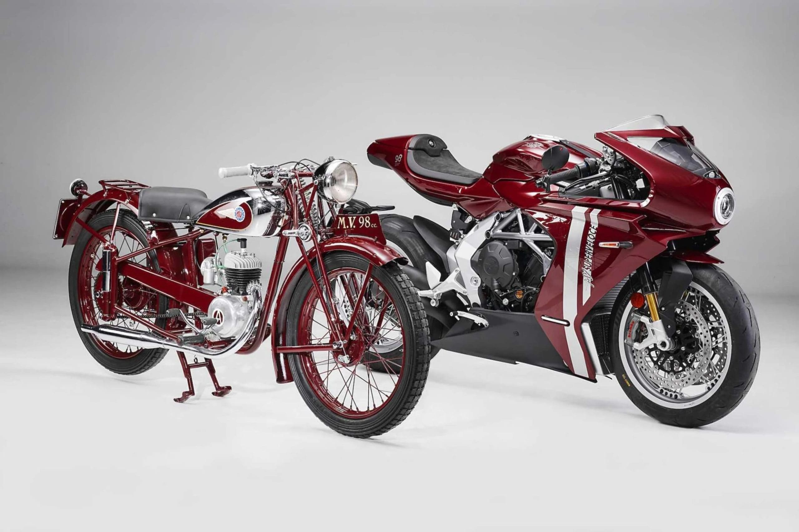 A view of MV Agusta's Superveloce 98 Edizione Limitata next to the company's very first motorcycle, the MV 98. All media provided by MV Agusta.