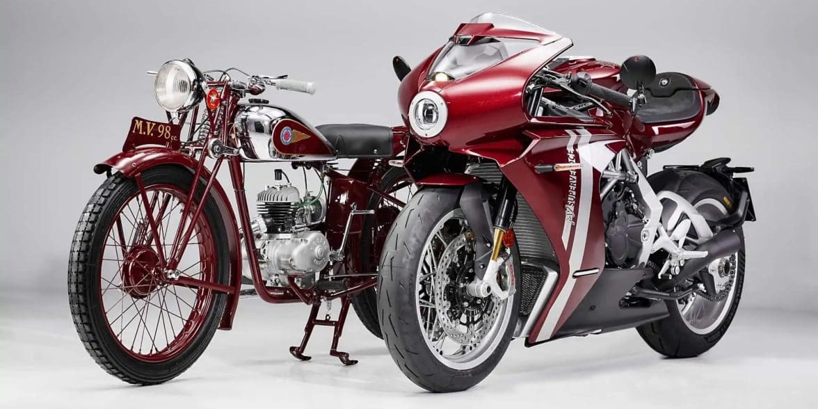 A view of MV Agusta's Superveloce 98 Edizione Limitata next to the company's very first motorcycle, the MV 98. Media sourced from MV Agusta.