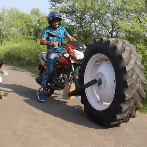 CrazyXYZ's coverage of a TVS Victor with a tractor tire for a front wheel. Media sourced from Youtube.