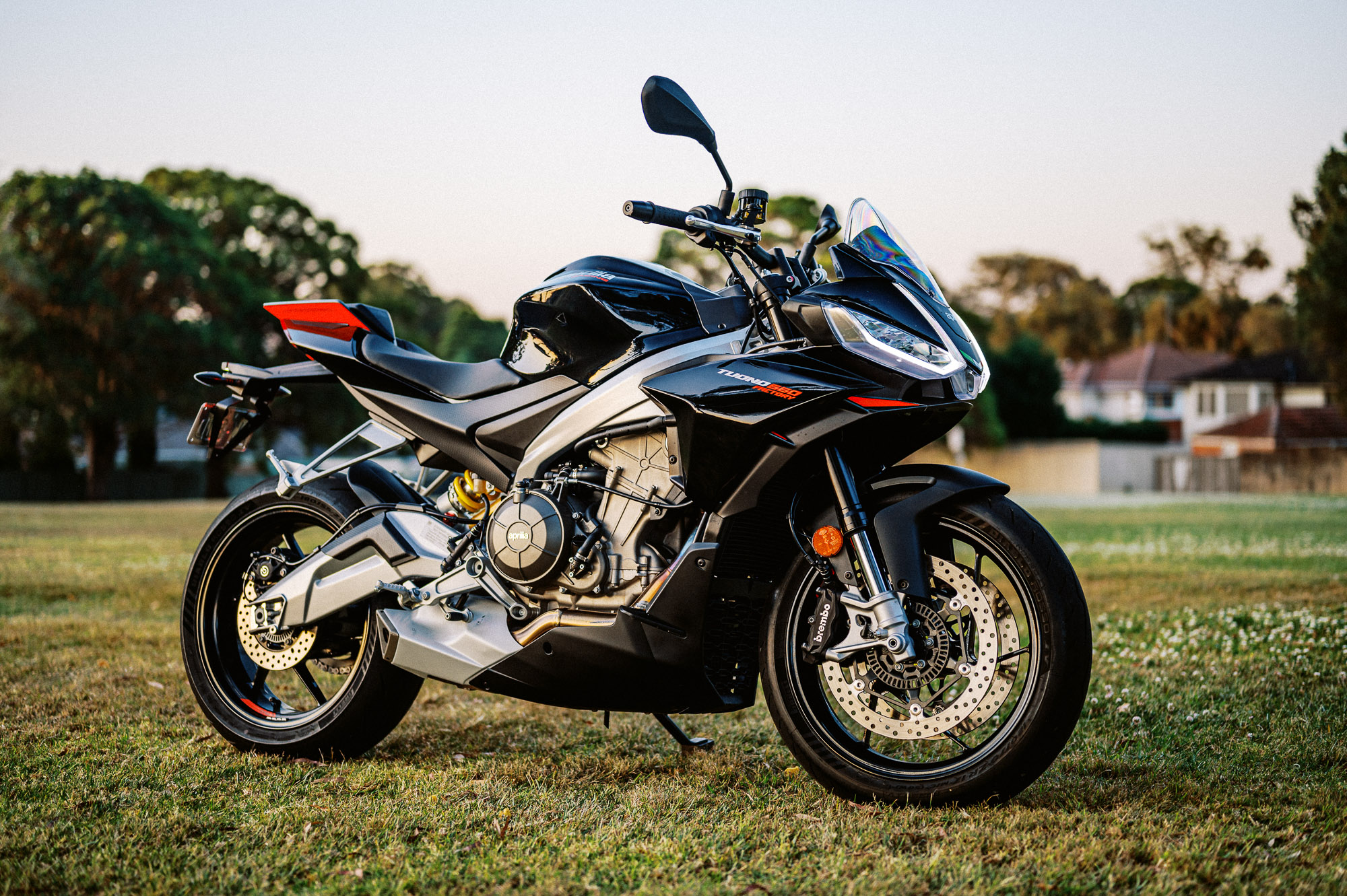 A 2023 Aprilia Tuono 660 Factory in a park at sunset.
