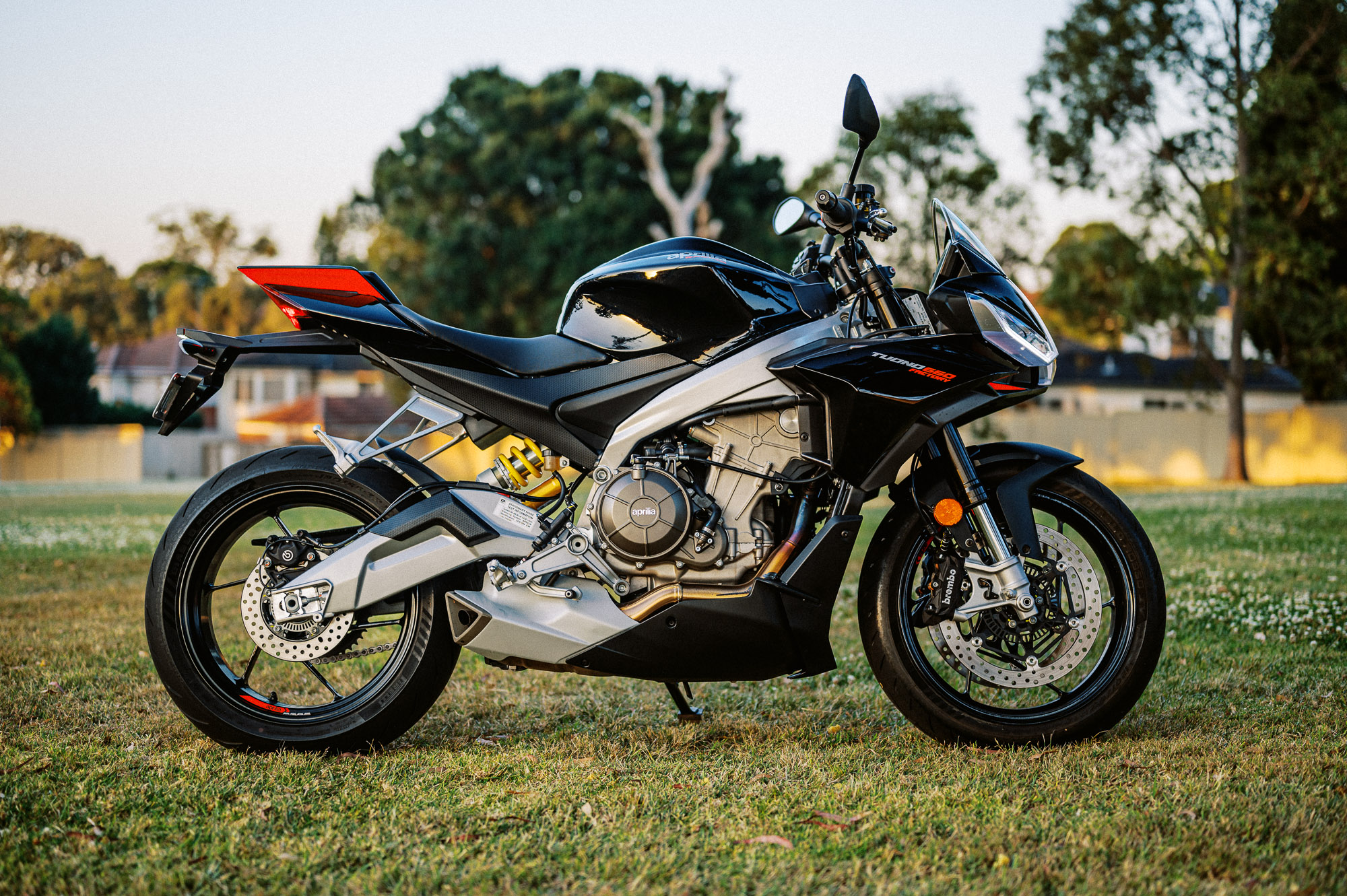  a 2023 Aprilia Tuono 660 Factory in a park at sunset