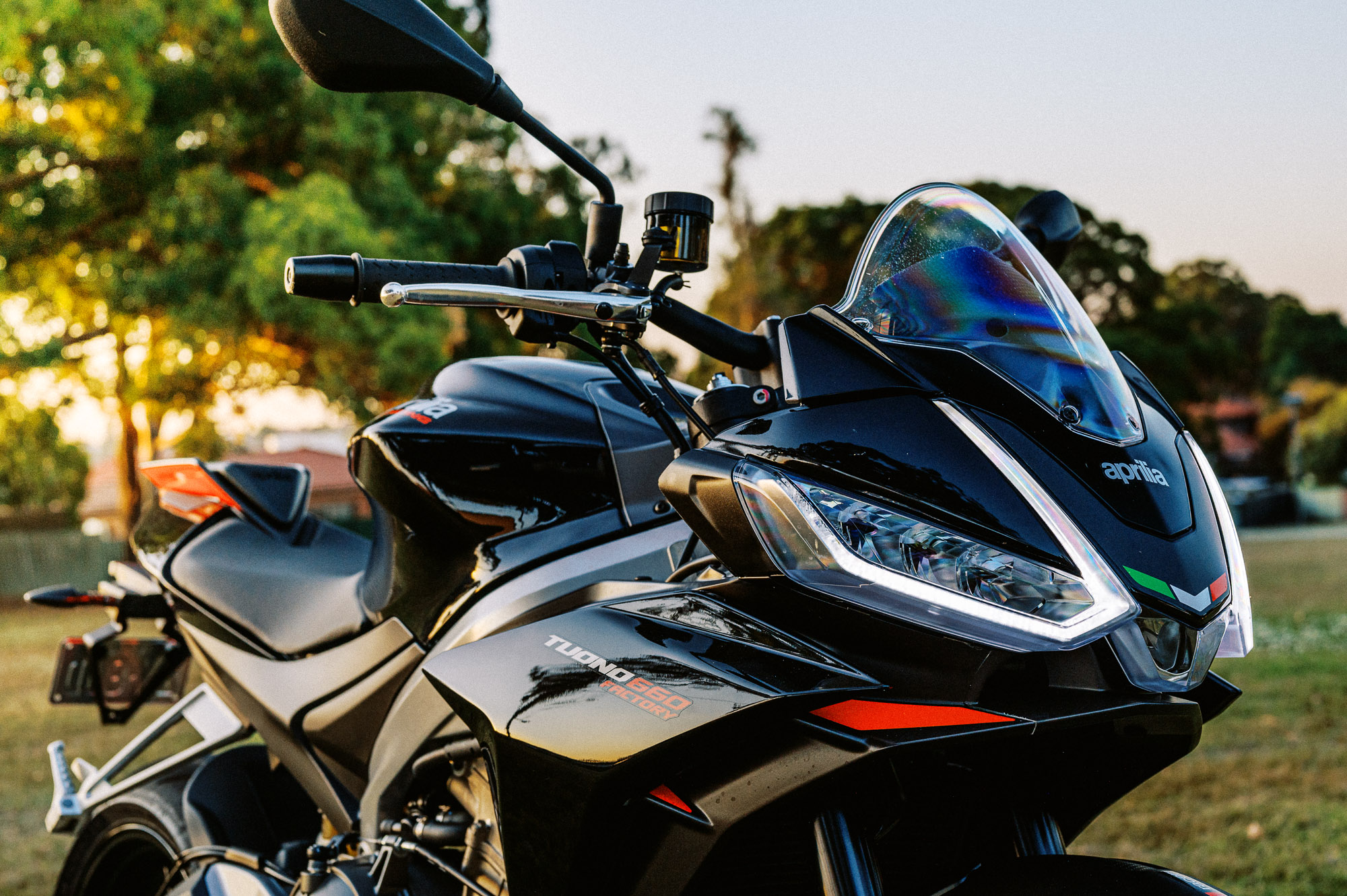 Detail shot of a 2023 Aprilia Tuono 660 Factory in a park at sunset