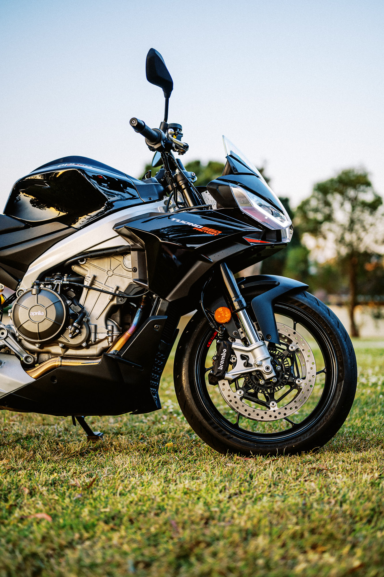 a 2023 Aprilia Tuono 660 Factory in a park at sunset