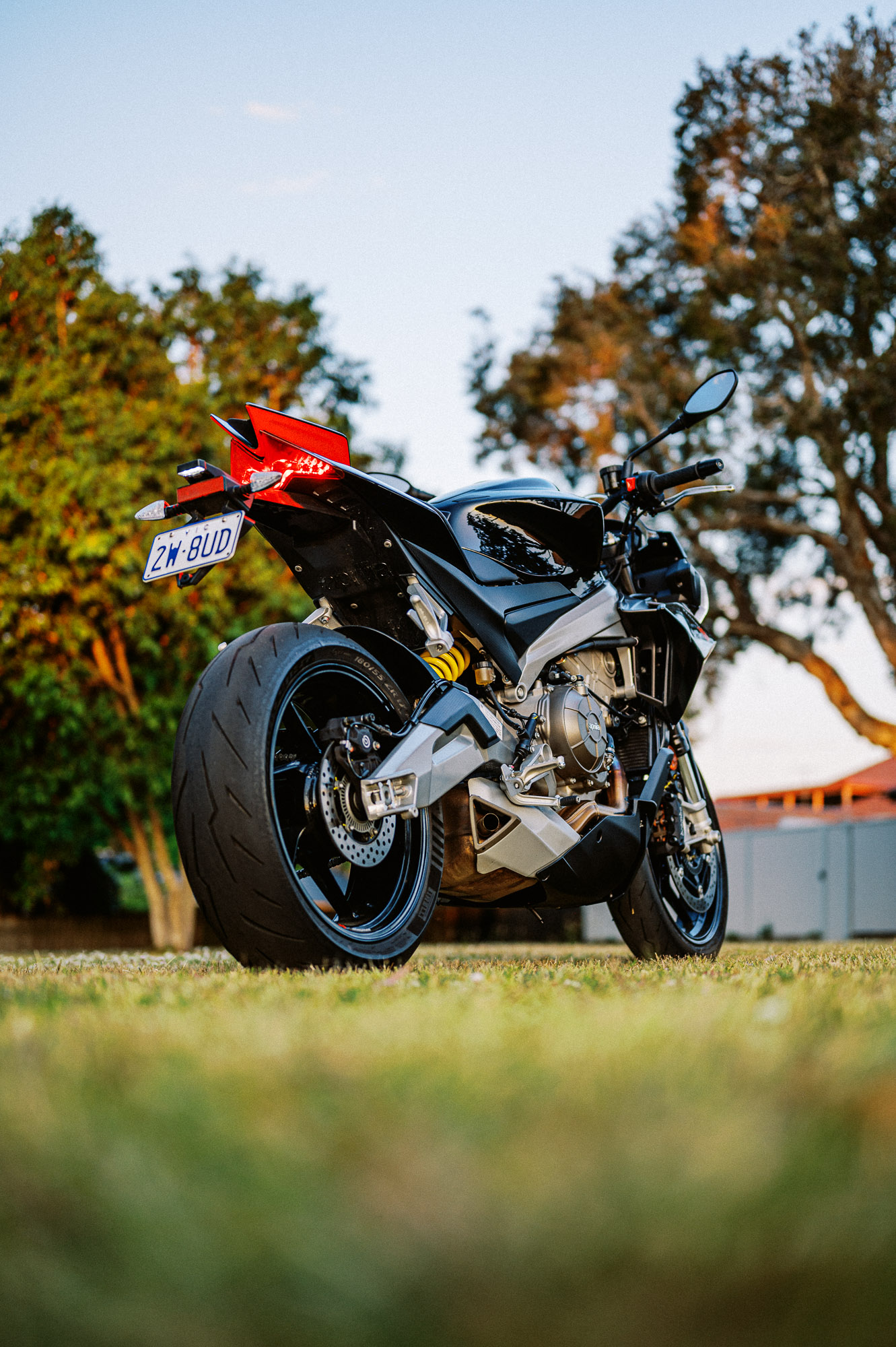 a 2023 Aprilia Tuono 660 Factory in a park at sunset