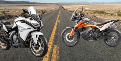 CFMoto's GT650 next to KTM's 790 Adventure. Media provided by both CFMoto and KTM.