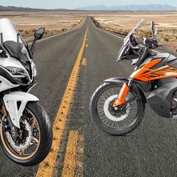 CFMoto's GT650 next to KTM's 790 Adventure. Media provided by both CFMoto and KTM.