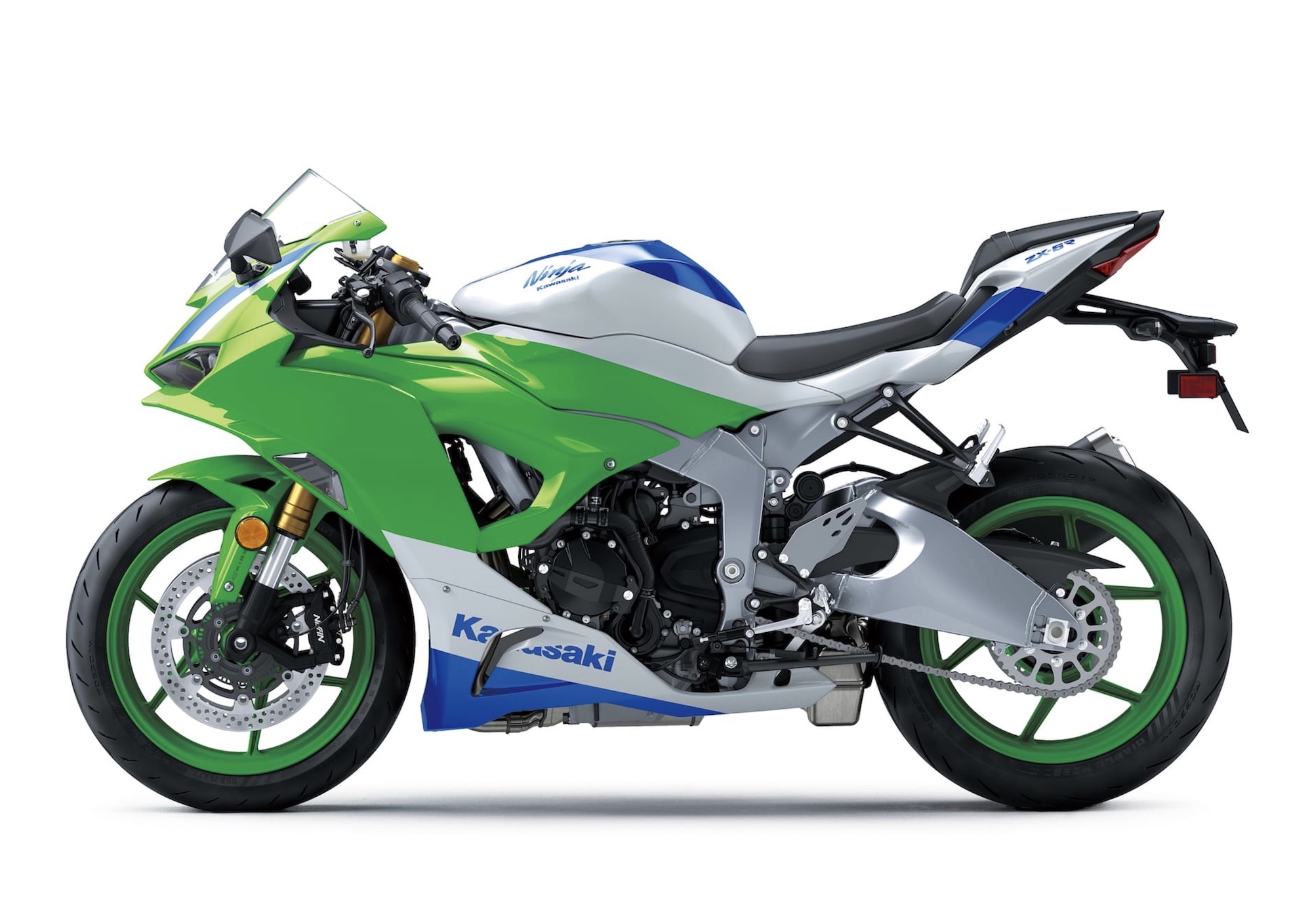 Kawasaki's 40th Anniversary Ninja range. Pictured is the 2024 Kawasaki Ninja® ZX™-6R 40th Anniversary Edition ABS. Media provided by Kawasaki. 