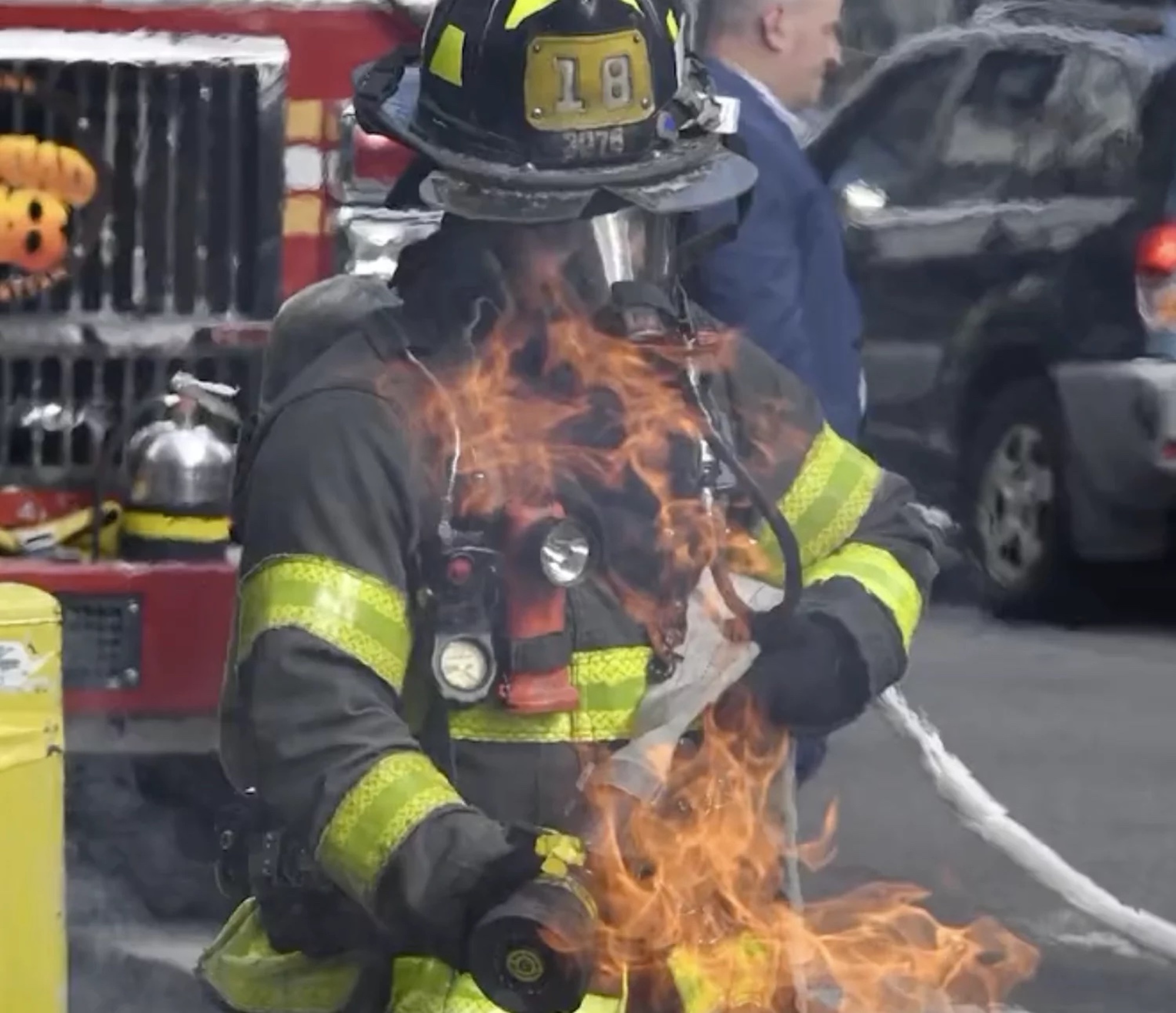 A firefighter working in sizzling conditions. Media sourced from Best Magazine.