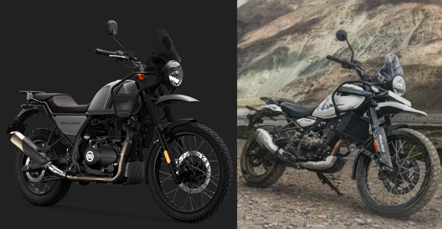 A view of Royal Enfield's 2023 Himalayan (left), against the brand's teaser of their Himalayan 450 (right). Media provided by Royal Enfield. 