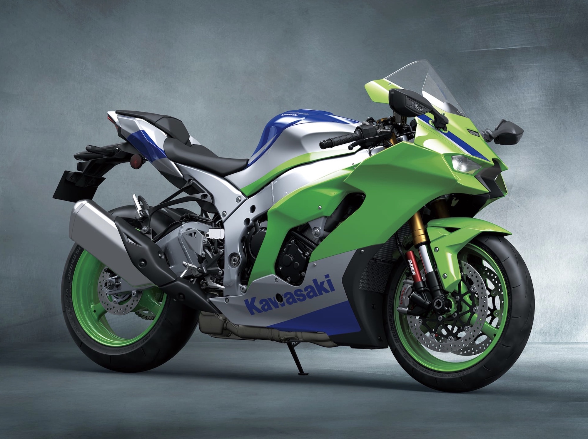 Kawasaki's 40th Anniversary Ninja range. Pictured is the 2024 Kawasaki Ninja® ZX™-10R 40th Anniversary Edition ABS. Media provided by Kawasaki.