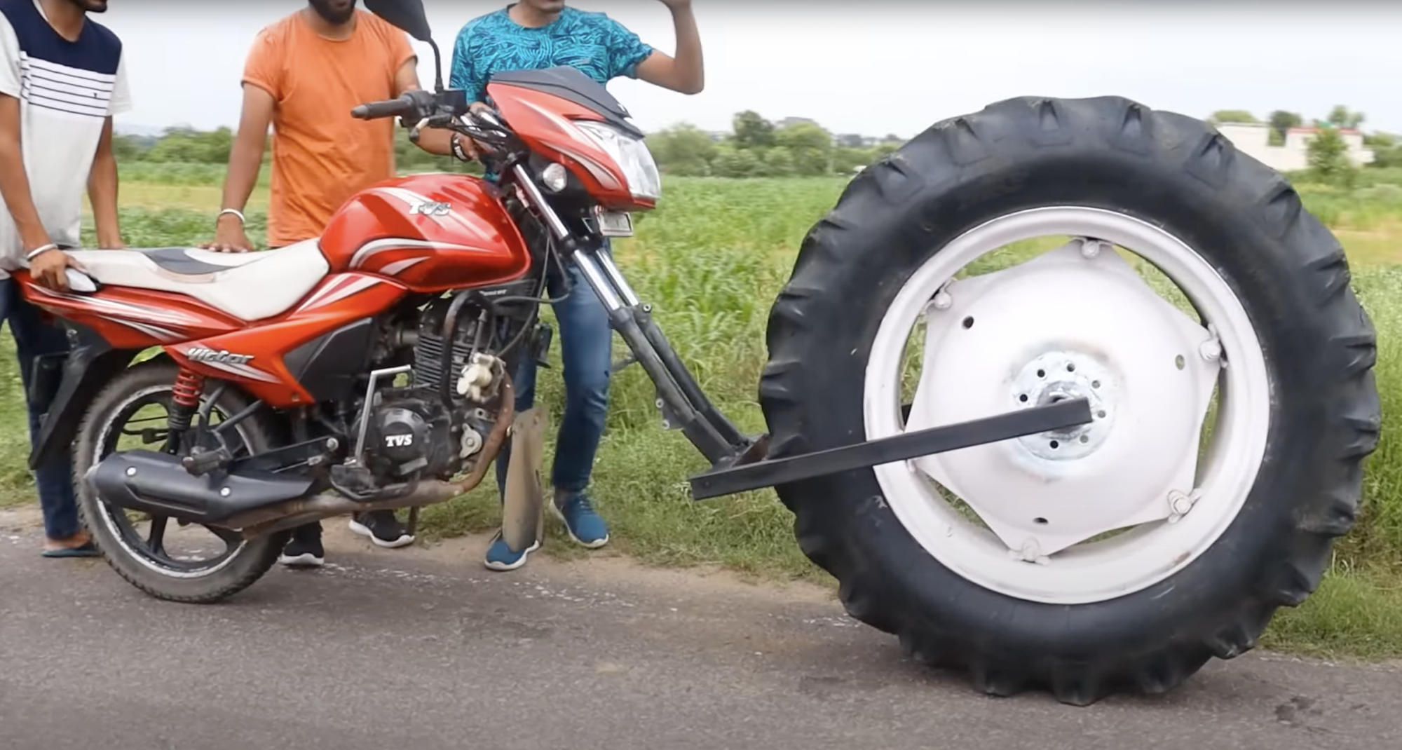 CrazyXYZ's coverage of a TVS Victor with a tractor tire for a front wheel. Media sourced from Youtube. 