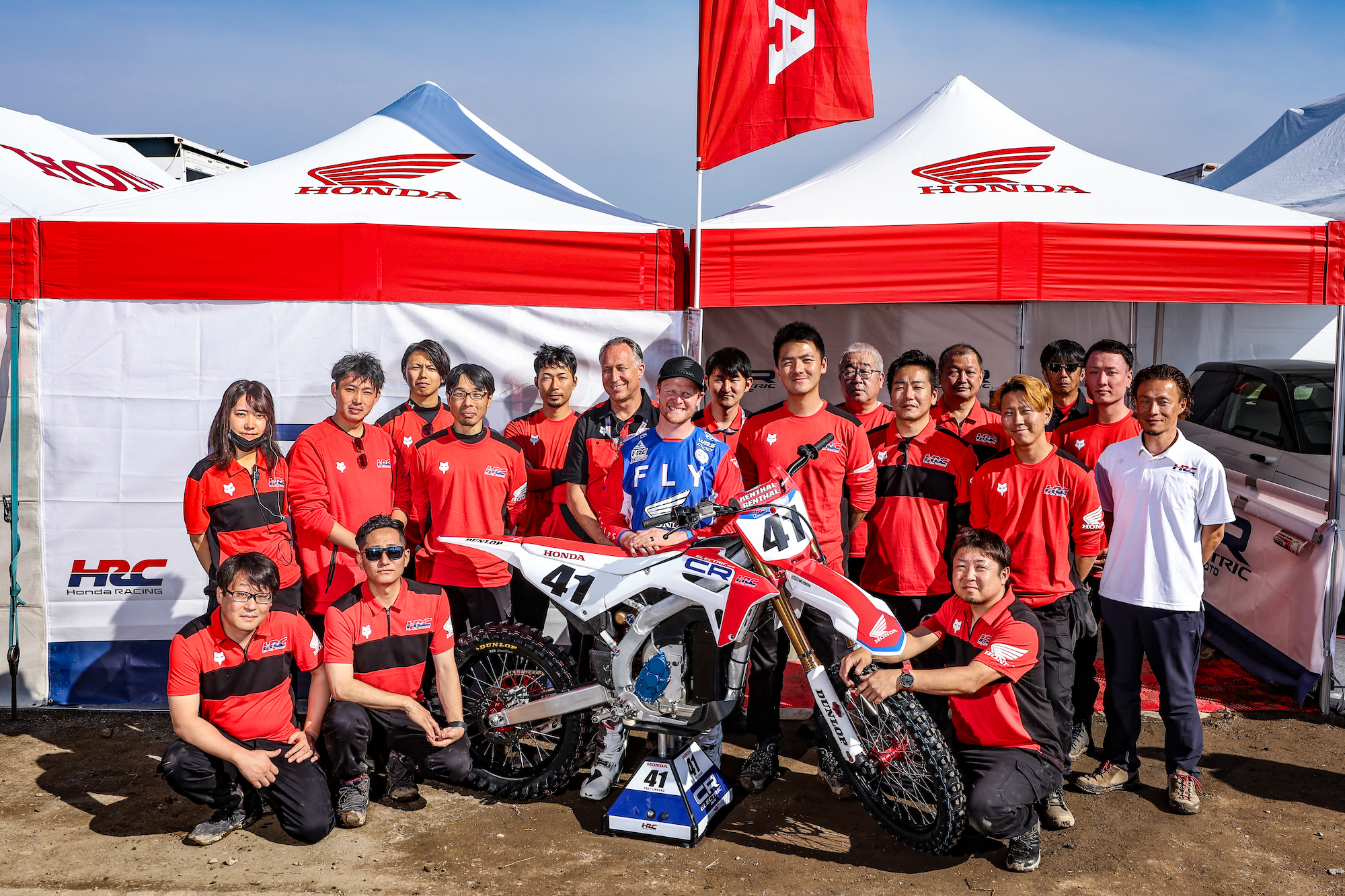 The Honda team with Honda's new electric motocross machine. Media provided by Honda. 