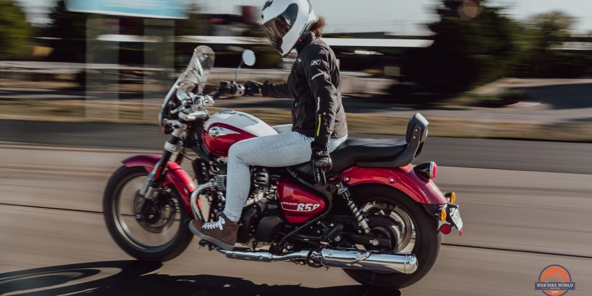 Amanda Quick on a Super Meteor 650 while at Royal Enfield's "Pure Cruising" event. Media provided by Royal Enfield, rights reserved for Royal Enfield, WebBikeWorld and Amanda Quick.