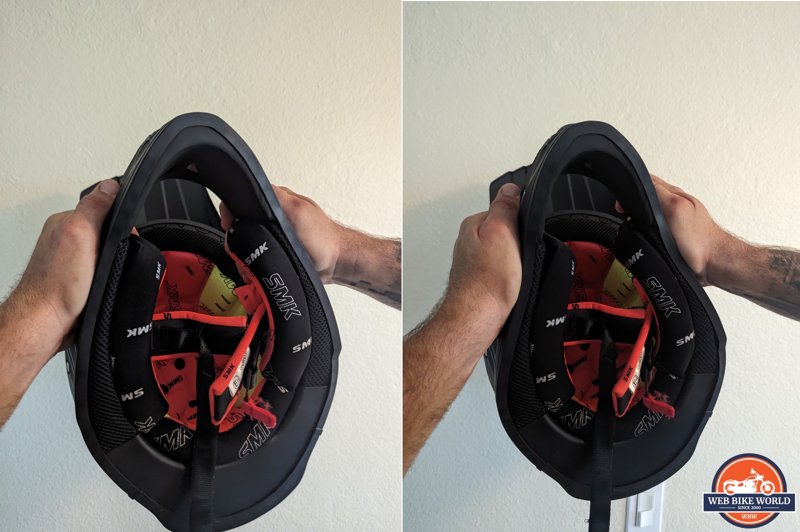 Hands are pressing against the Allterra to show how much it bends in at the shell shown from the bottom of the helmet, looking up.