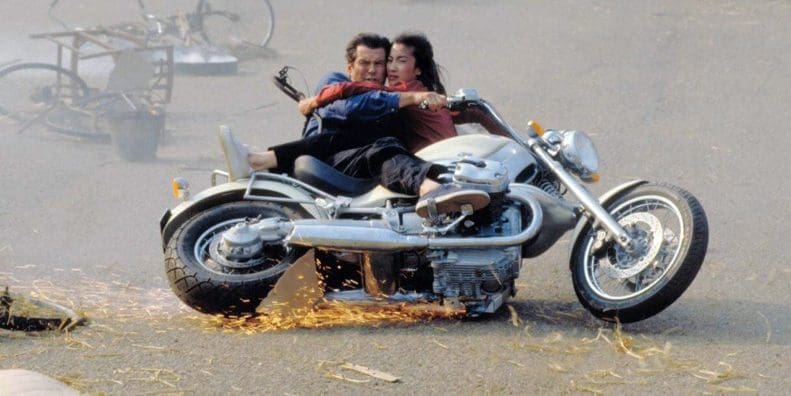 A still from James Bond Tomorrow Never Dies featuring a A BMW R 1200 C motorcycle